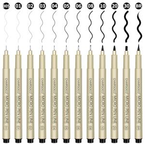 CHARSOCO Black Micro Pens, 12 Sizes in 0.23mm - 5mm, Waterproof Archival Ink, Fine Point Pen for Artist Illustration, Sketching, Anime, Manga and Technical Drawing