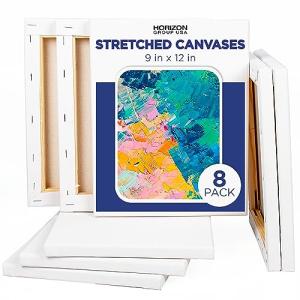 Horizon Group USA Stretched Canvas 9" x 12" 8 PK, 16mm Thick, 100% Cotton, for Painting, Pouring, Oil Paint, Multi-Media Art, 8-Pack (204038)