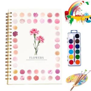 Clhjinruoliu Water Color Workbook,Animals Flowers Ocean Water Coloring Book, Nature Scenes Paint Set Art Crafts, Beginner-Friendly Watercolor Workbook, with 12 Colors Paints Set with Paint Brush,Flowe