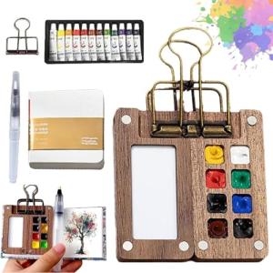Mini Watercolor Travel Paint Set, Travel Watercolor Set, Portable Artist Palette Sets with Colours, Book,Binder Clips,Pens,Wooden Paint Box for Painters Artists Student (8 Grids)