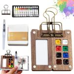 Mini Watercolor Travel Paint Set, Travel Watercolor Set, Portable Artist Palette Sets with Colours, Book,Binder Clips,Pens,Wooden Paint Box for Painters Artists Student (8 Grids)