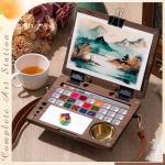 Affrolling 27 Grid Crossbody Portable Watercolor Palette Set All in One Wooden Travel Mini Paint Box with Adjustable Shoulder Strap Watercolor Easel Brushes Wash Jar Binder Clips for Painters Artists