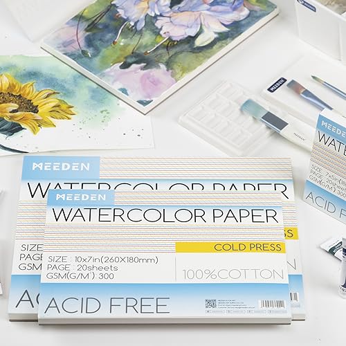 MEEDEN 100% Cotton Watercolor Paper Block, 20 Sheets