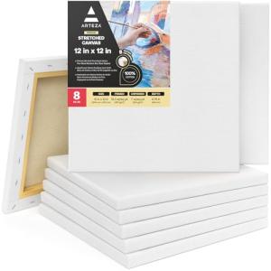 ARTEZA 12x12 inch Blank Stretched Canvas, 8-Pack