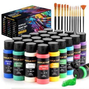 24-Color Acrylic Paint Set with 12 Brushes