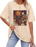 Beige Floral Graphic Oversized T-Shirt for Women