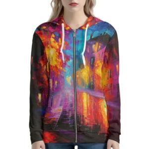 Art Oil Painting Long Sleeve Zip-Up Hoodie