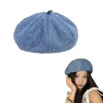 Denim Beret Hat with Studded Crystals for Artists