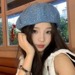 Denim Beret Hat with Studded Crystals for Artists