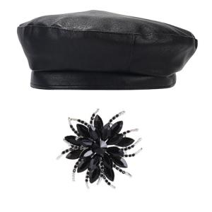 Black PU Leather Beret with Rhinestones for Artists