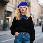 Mifengda Blue French Beret Hat Set with Scarf