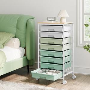 8-Drawer Storage Cart with Wooden Top and Green Accents