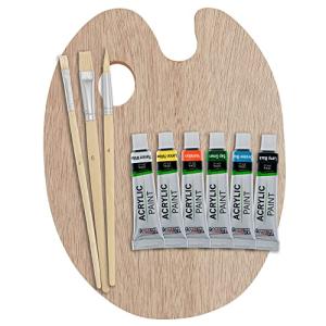 Wood Painting Palette Set with Acrylic Paint Tubes and Brushes