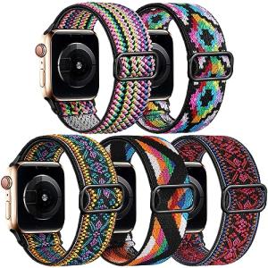 Easuny 5 Pack Stretchy Bands Compatible with Apple Watch 38mm 40mm 41mm 42mm 44mm 45mm 46mm Women, Elastic Fabric Nylon Strap Wristband for iWatch SE 3 2 1 Series 11 10 9 8 7 6 5 4 3 Boho Solo Loop