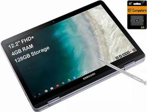 SAMSUNG Chromebook Plus V2 360 12.2" FHD+ 2-in-1 Touchscreen (Intel Celeron 3965Y, 4GB RAM, 128GB (64GB eMMC+64GB SD Card), Stylus Pen) Home & Education Laptop, w/Dual Webcam, Chrome OS (Renewed)