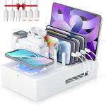 Bamboo Wireless Charging Station Multiple Devices - Qi Certified Fast Wireless Charger & 7 USB Ports Wood Charging Station for Phones, Tablets, Smart Watches & Earbuds (White)