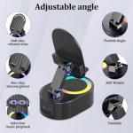 AKLLCCR Wireless Induction Audio Bluetooth Speaker 5in1 Phone Holder Emergency Rechargeable (3000mAh) with Colorful Ambient Light 300° Foldable for Tablet iPhone Android, Gifts for Men Women (Black)