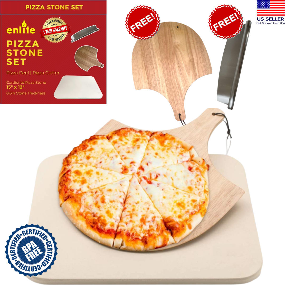 Pizza Baking Stone Set with Wooden Peel & Cutter