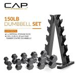 150 LB Rubber Hex Dumbbell Set with Rack