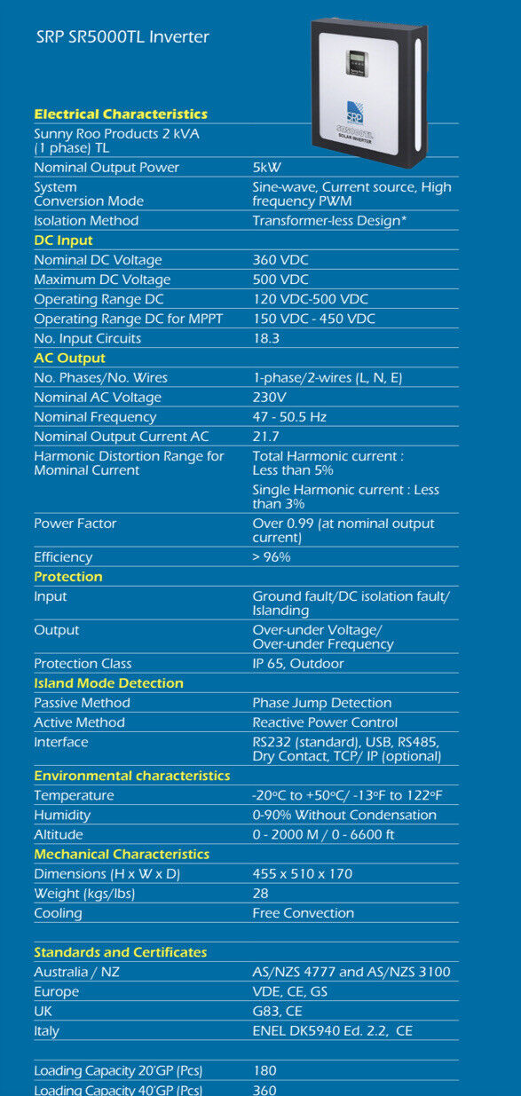 SRP Sunny Roo 5KW Solar PV Inverter
