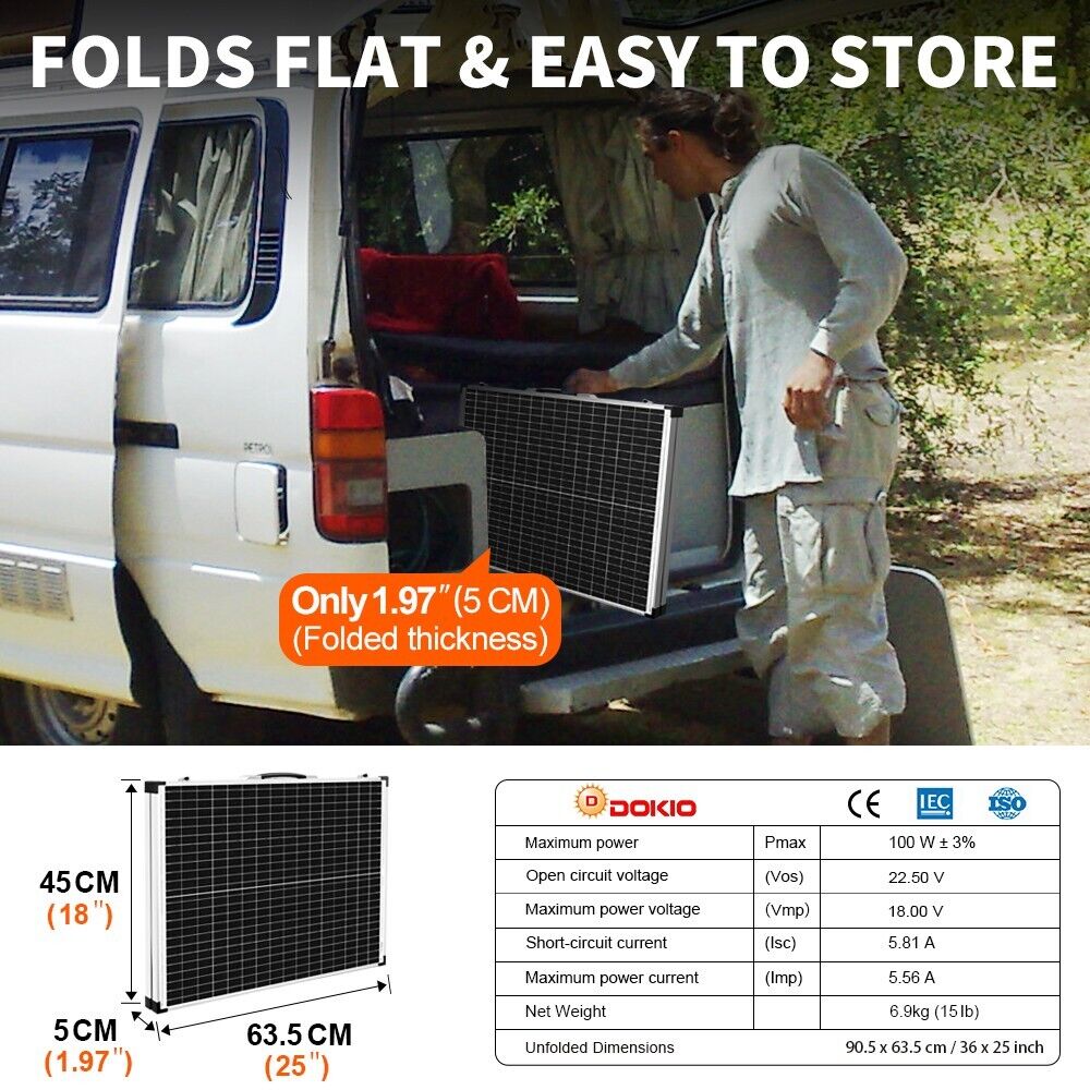 Dokio 100W Foldable Solar Panel for Car/Camper/RV/Home/Garden