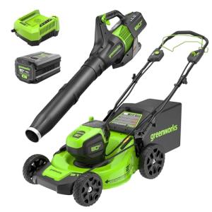 Greenworks 80V 21” Brushless (Self-Propelled) Cordless Electric Lawn Mower + (580 CFM) Axial Leaf Blower (75+ Compatible Tools), 4.0Ah Battery and 60 Minute Rapid Charger, Green and Black