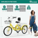YITAHOME 24 Inch Adult Tricycle, 7 Speed 3 Wheel Bikes, Trike for Adults with Front & Rear Baskets, Cruiser Bike for Seniors Women Men Commute Picnic Outdoor, Yellow