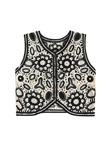 Checkered Knit Sweater Vest with Floral Details