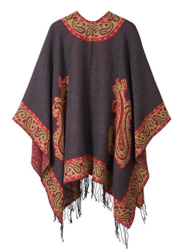 Vintage-Inspired Women's Poncho with Fringe, Gray