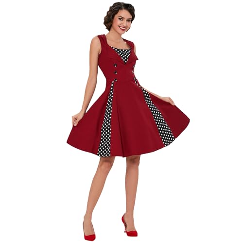 Vintage Polka Dot Rockabilly A-Line Dress - Wine Red