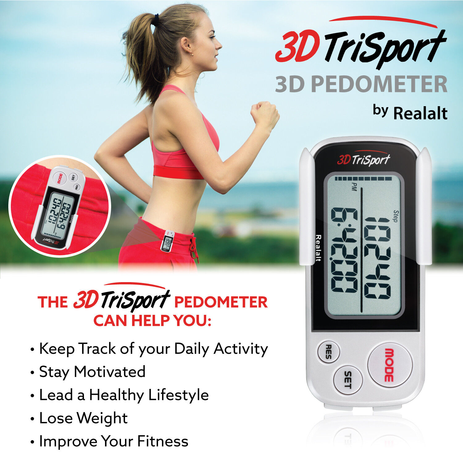 Realalt 3DTriSport 3D Pedometer with Clip and Strap