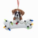 Boxer Puppy Ornament with Bone and Christmas Lights