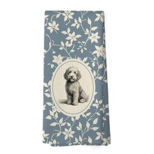 Blue Floral Goldendoodle Kitchen Dish Towels