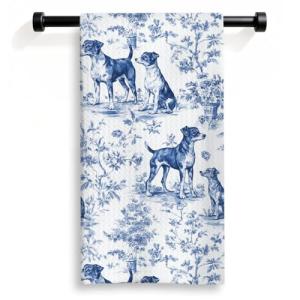 Blue and White Floral Jack Russell Dish Towels