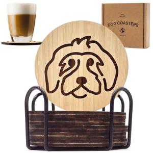 6 Bamboo Dog Coasters with Iron Holder