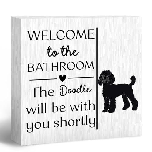 ANIANG Funny Dog Sign, Funny Bathroom Decor, Doodle Gifts for Women Dog Lovers Mom, Welcome to The Bathroom The Doodle Will Be with You Shortly Wood Block Box Sign for Toilet Restroom Wall Shelf Decor