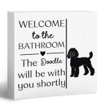 ANIANG Funny Dog Sign, Funny Bathroom Decor, Doodle Gifts for Women Dog Lovers Mom, Welcome to The Bathroom The Doodle Will Be with You Shortly Wood Block Box Sign for Toilet Restroom Wall Shelf Decor