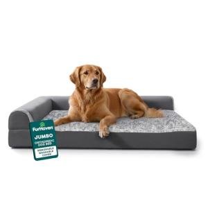 Furhaven Orthopedic Dog Bed for Large Dogs w/ Removable Bolsters & Washable Cover, For Dogs Up to 95 lbs - Two-Tone Plush Faux Fur & Suede L Shaped Chaise - Stone Gray, Jumbo/XL