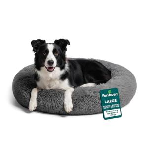 Furhaven 36" Round Calming Donut Dog Bed for Large/Medium Dogs, Refillable w/ Removable Washable Cover, For Dogs Up to 75 lbs - Shaggy Plush Long Faux Fur Donut Bed - Gray, Large