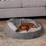 Furhaven 27" Round Calming Donut Dog Bed for Medium/Small Dogs, Washable, For Dogs Up to 45 lbs - Plush Velvet Waves Hooded Donut Bed - Dark Gray, Medium