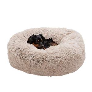 Furhaven 30" Round Calming Donut Dog Bed for Medium/Small Dogs, Refillable w/ Removable Washable Cover, For Dogs Up to 45 lbs - Shaggy Plush Long Faux Fur Donut Bed - Taupe, Medium