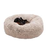 Furhaven 30" Round Calming Donut Dog Bed for Medium/Small Dogs, Refillable w/ Removable Washable Cover, For Dogs Up to 45 lbs - Shaggy Plush Long Faux Fur Donut Bed - Taupe, Medium