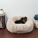 Furhaven 30" Round Calming Donut Dog Bed for Medium/Small Dogs, Refillable w/ Removable Washable Cover, For Dogs Up to 45 lbs - Shaggy Plush Long Faux Fur Donut Bed - Taupe, Medium