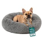 Furhaven 30" Round Calming Donut Dog Bed for Medium/Small Dogs, Refillable w/ Removable Washable Cover, For Dogs Up to 45 lbs - Shaggy Plush Long Faux Fur Donut Bed - Gray, Medium