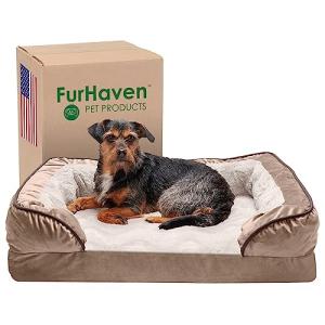 Furhaven Memory Foam Dog Bed for Medium/Small Dogs w/ Removable Bolsters & Washable Cover, For Dogs Up to 35 lbs - Plush & Velvet Waves Perfect Comfort Sofa - Brownstone, Medium