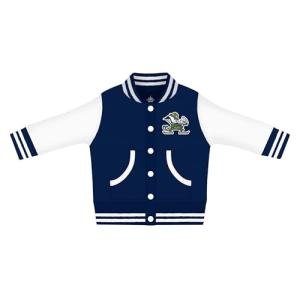 Creative Knitwear College Baby NCAA Officially Licensed Letterman Varsity Jacket - Notre Dame Leprechaun Logo - Navy - 3T