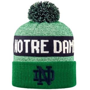 LogoFit NCAA Team Color-Embroidered Logo -Cuffed Knit Skully Beanie Pom Hat-Notre Dame-Kelly Green-OSFM