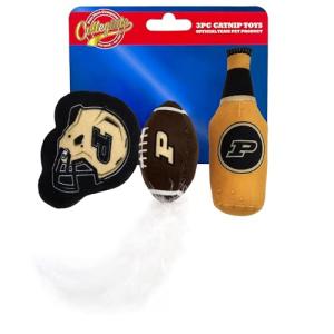 BEST PLUSH CAT TOY NCAA PURDUE BOILERMAKERS Complete Set of 3 piece Cat Toys filled with Fresh Catnip. Includes: 1 Helmet Cat Toy, 1 Football Cat Toy with Feathers & 1 Beer Bottle. Beautiful Team LOGO