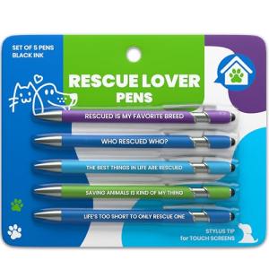 Funny Cat & Dog Rescue Lover Pen Gift Set – 5 Black Ink Ballpoint Pens with Stylus Tip & Metal Barrel with Fun Quotes – Dog Lover Gifts or Christmas Stocking Stuffers for Doggy Moms & Cat Moms