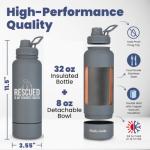 Rescue Dog Lover Water Bottle – 32 oz Stainless Steel Double Wall Insulated with 8 oz Detachable Bowl – Animal Rescue Gifts for Dog or Cat Lovers – “Rescued is My Favorite Breed” – Smoky Grey